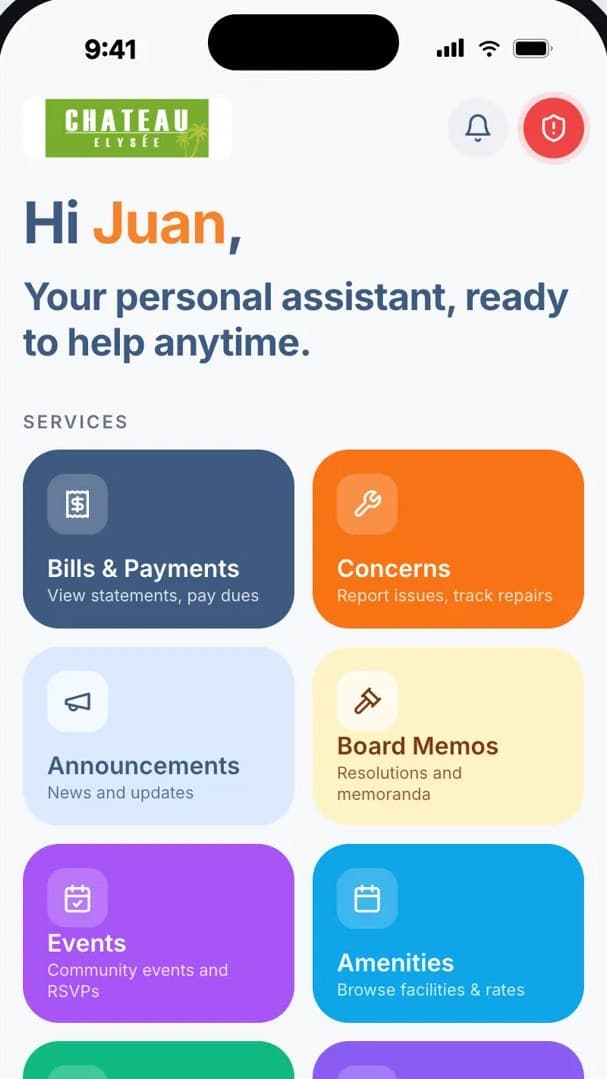 The Chateau Elysée app home screen: Bills & Payments, Concerns, Announcements, Board Memos, Events and Amenities